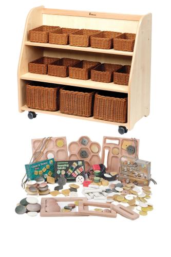 Mobile Tiered Shelf Unit with Mirror Back With Baskets plus PT1145 Indoor Maths Kit