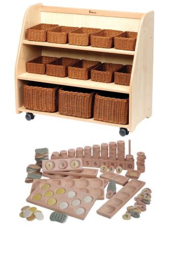 Mobile Tiered Shelf Unit with Mirror Back With Baskets plus PT1146 Loose Parts Kit