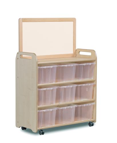 Mobile Shelf Unit With Top Magnetic Whiteboard Add-on and 9 Clear Tubs