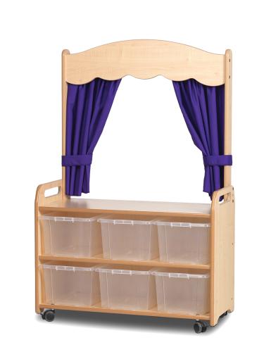 Mobile Tall Unit with Theatre Add-on with 6 Clear Tubs and Purple Curtains