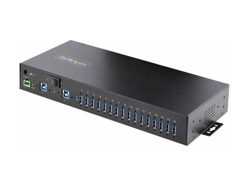 Startech 16-Port Industrial USB 5Gbps Hub with Power Adapter, Metal Enclosure, Mountable, ESD Protection, Terminal Block Power, USB Charging, Dual-Host Switch - TAA - hub - 16 ports - rack-mountable - TAA Compliant