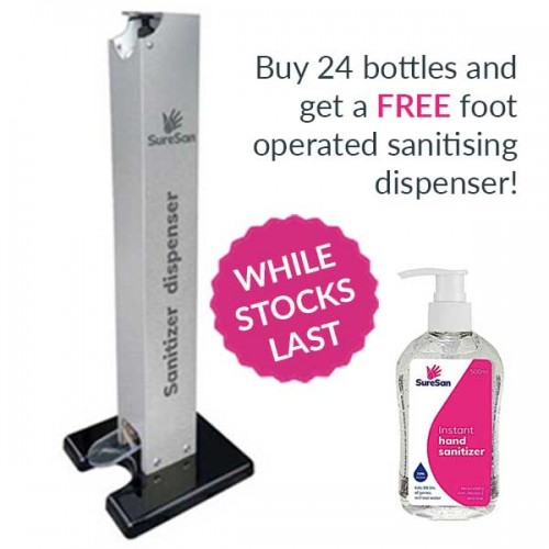 Buy 24 Suresan Anti-Bac Hand Sanitiser 70% Alcohol 500ml PUMP Top and Get a FREE Sanitising Dispenser