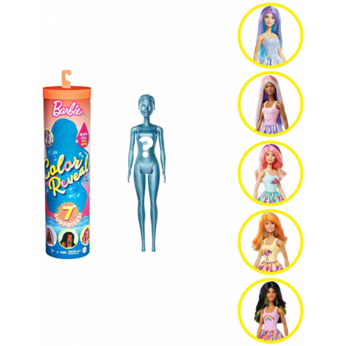 Barbie Color Reveal Doll with 7 Surprises 4 Mystery Bags, Surprise Wig, Skirt, Shoes & Sponge; Sunny N Cool Series