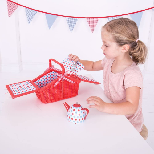 Bigjigs Toys Colorful Polka Dot Tea Set and Basket - Role Play Toys and Play Sets