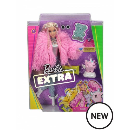 Barbie Extra Doll in Pink Fluffy Coat with Unicorn-Pig Toy