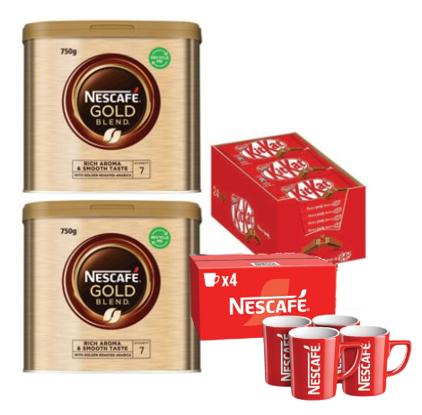 Nescafe Mega Bundle- 2 tins of Nescafe with a free case of 4-Finger KitKat x24 and free 4x nescafe mugs