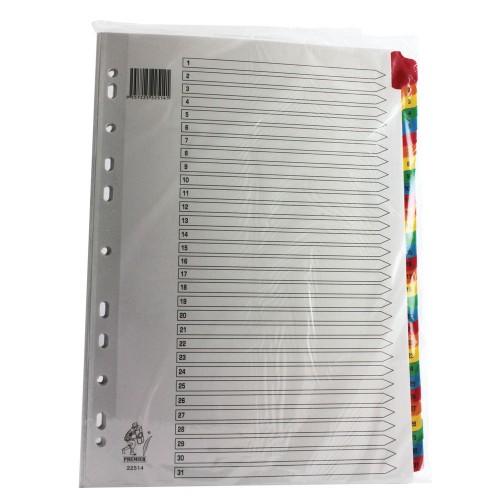 A4 Multi Coloured Mylar 1-31 Numbered Index Subject Dividers WX01522
