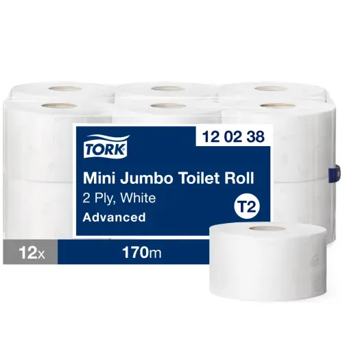 TORK Mini Jumbo Toilet Roll - 2¼in Core - 2 Ply - Pack of 12