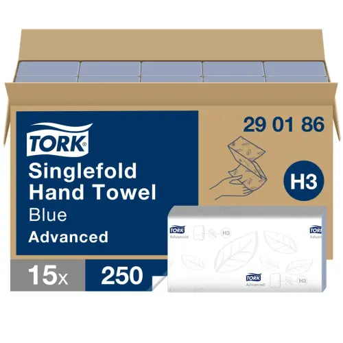 TORK Blue 2 Ply Single Fold H3 Hand Towels - 230 x 235mm - Pack of 15 x 250 Towels
