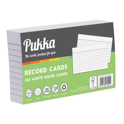 Silvine White Lined Record/Revision Cards - 5 x 3"/127 x 76mm - Pack of 100