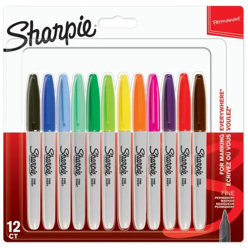 Sharpie Coloured Fine Tip Permanent Markers - 1.4mm Nib - Assorted - Pack of 12