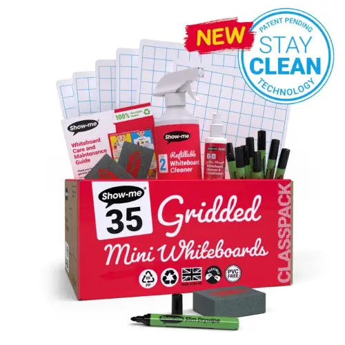 Show-Me A4/297 x 210mm 20mm Square Gridded/Plain Drywipe Whiteboards with Pens & Erasers - Assorted - Per Class Pack of 108