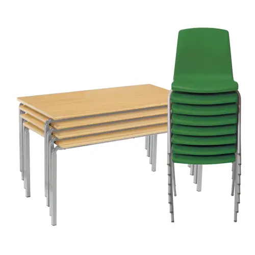 Beech Topped Everyday Crush Bent Frame Tables & 8 Green Chairs Pack - Age 8-11 - Table Height 64cm - Seat Height 38cm - Per Pack