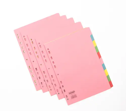 Coloured A4 Manilla 10 Part Multi-hole Punched Subject Dividers - Assorted - Pack of 25