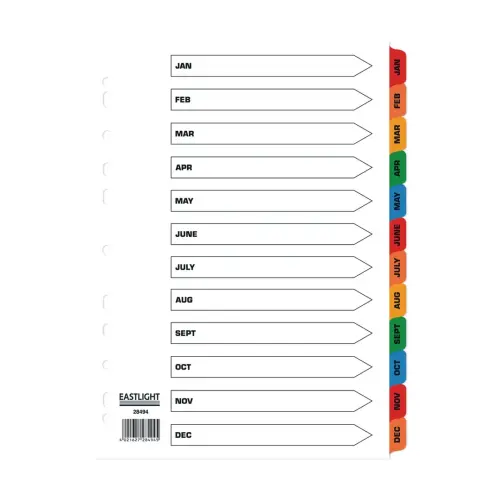 Eastlight A4 Jan-Dec Europunched Mylar Coloured Tabs Subject Dividers - Per Set