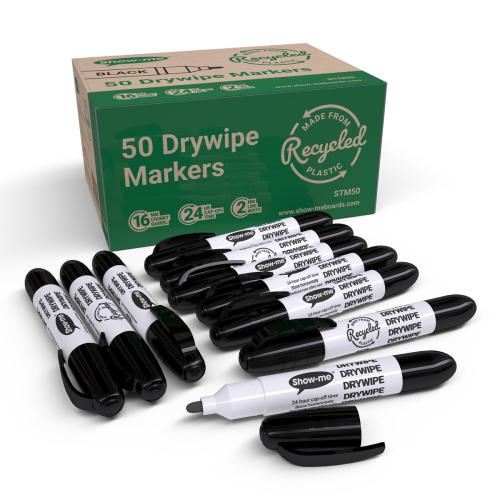 Show-Me Teachers Eco Black Bullet Tip Drywipe Whiteboard Markers - 2mm Nib - Pack of 50