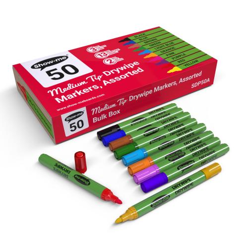 Show-me Coloured Slim Barrel Medium Bullet Tip Drywipe Whiteboard Pens - 2.0mm Nib - Assorted - Pack of 50
