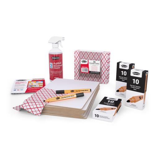 Show-me A4/297 x 210mm Rigid Double Sided Plain/Plain Drywipe Whiteboards, Triangular Whiteboard Pens, Cleaner Cloths - 30 of Each - Per Pack