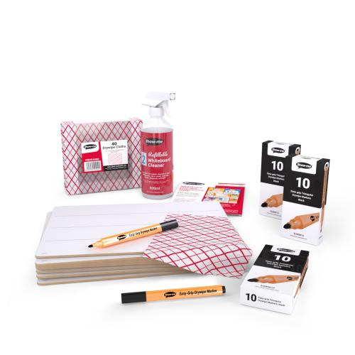 Show-me A4/297 x 210mm Rigid Double Sided Lined/Plain Drywipe Whiteboards, Triangular Whiteboard Pens, Cleaner Cloths - 30 of Each - Per Pac