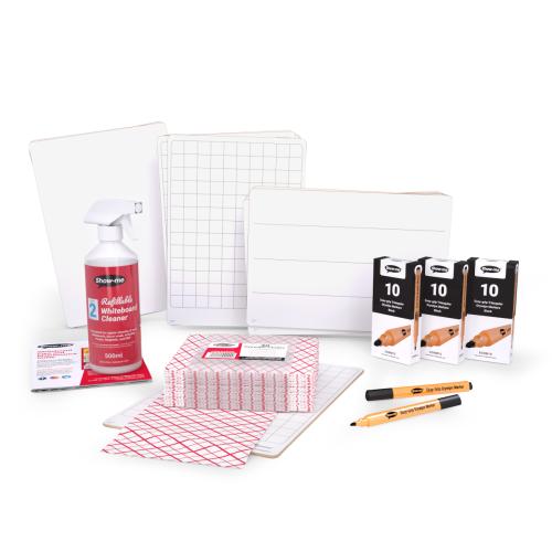 Show-me A4/297 x 210mm Rigid Double Sided Gridded/Plain Drywipe Whiteboards, Triangular Whiteboard Pens, Cleaner Cloths - 30 of Each - Per Pack