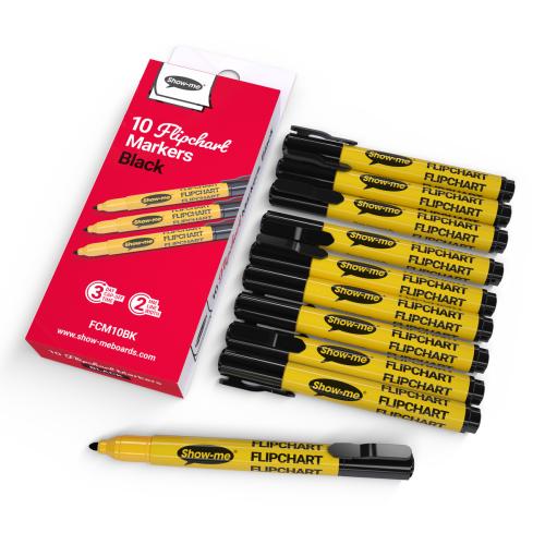 Show-me Black Bullet Tip Flip Chart Markers - 2mm Nib - Pack of 10