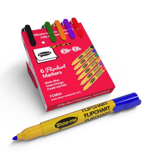 Show-me Coloured Bullet Tip Flipchart Markers - 2mm Nib - Assorted - Pack of 6