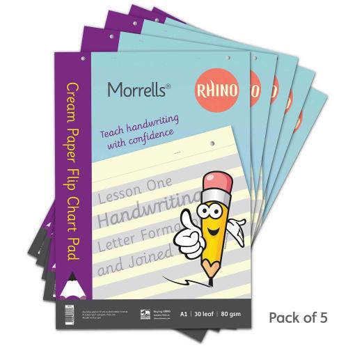 A1/841 x 594mm Morrells Handwriting Letter Formation Cream Alternating 40cm shaded and 30cm Plain Page Flipchart Pad - 30 Sheets - Pack of 5
