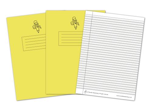 Morrells A4/297 x 210mm Yellow Cover Handwriting Letter Formation Shaded Narrow 8mm Black Lined with Margin Handwriting Exercise Book - 32 Page - Pack of 50