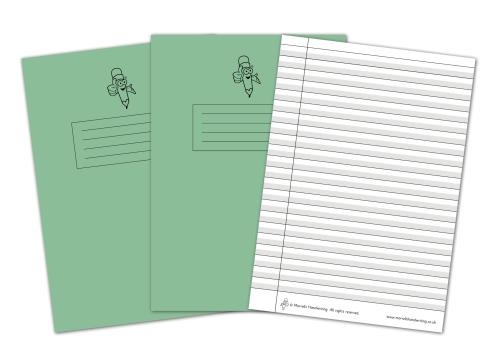 Morrells A4/297 x 210mm Green Cover Handwriting Letter Formation Shaded Wide 12mm Black Lined with Margin Exercise Book - 32 Page - Pack of 50