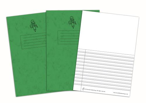 Morrells A4/297 x 210mm Green Cover Handwriting Top Half Plain Bottom Half Shaded Wide 12mm Black Ruled with Margin Exercise Book - 32 Page - Pack of 10