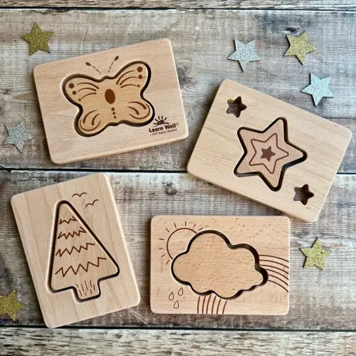 Little Looking Wooden Exploration & Discovery Shapes Set 1 - 140 x 100 x 12mm - Assorted - Pack of 4 Shapes (8 Pieces)