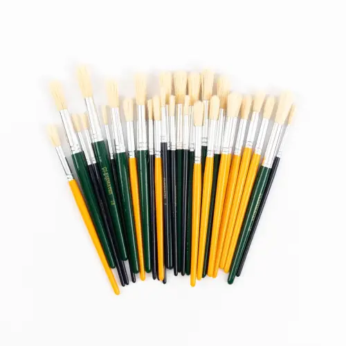Short Coloured Handle Round Hog Hair Bristle Paint Brushes - 10 each Sizes 8, 12 & 18 - Assorted - Pack of 30