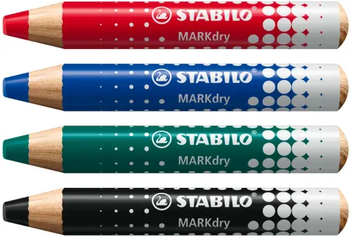 Stabilo MARKdry Whiteboard & Flip Chart Markers - Assorted Colours - Pack of 4 with Sharpener + Wiping Cloth