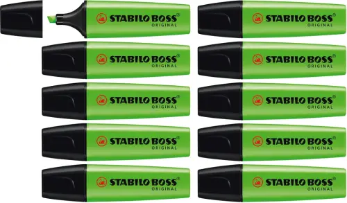 Stabilo Boss Original Chisel Tip Green Highlighter - 2mm Nib Underlining/5mm Nib Highlighting - Pack of 10