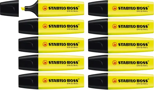 Stabilo Boss Original Chisel Tip Yellow Highlighter - 2mm Nib Underlining/5mm Nib Highlighting - Pack of 10