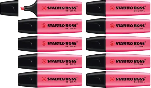 Stabilo Boss Original Chisel Tip Pink Highlighter - 2mm Nib Underlining/5mm Nib Highlighting - Pack of 10