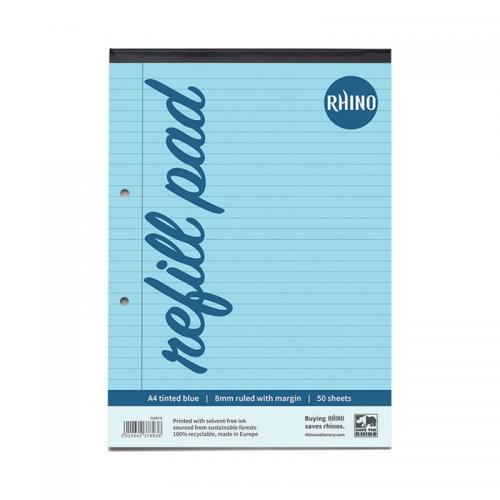 Rhino A4/297 x 210mm Dyslexia Friendly Stress Relief Blue Tinted 8mm Ruled with Margin Exercise Refill Paper Pad - 100 Sheets Per Pad - Pack of 6