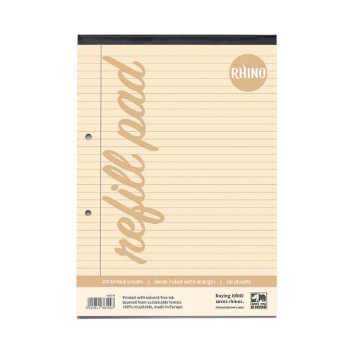 Rhino A4/297 x 210mm Dyslexia Friendly Stress Relief Cream Tinted 8mm Ruled with Margin Exercise Refill Paper Pad - 100 Sheets Per Pad - Pack of 6