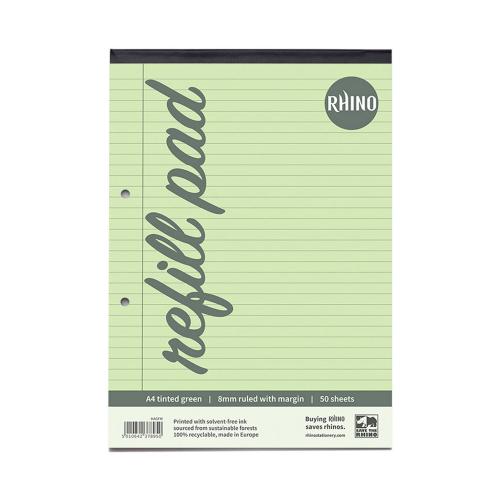 Rhino A4/297 x 210mm Dyslexia Friendly Stress Relief Green Tinted 8mm Ruled with Margin Exercise Refill Paper Pad - 100 Sheets Per Pad - Pack of 6