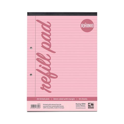 Rhino A4/297 x 210mm Dyslexia Friendly Stress Relief Pink Tinted 8mm Ruled with Margin Exercise Refill Paper Pad - 100 Sheets Per Pad - Pack of 6