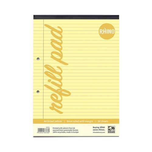 Rhino A4/297 x 210mm Dyslexia Friendly Stress Relief Yellow Tinted 8mm Ruled with Margin Exercise Refill Paper Pad - 100 Sheets Per Pad - Pack of 6