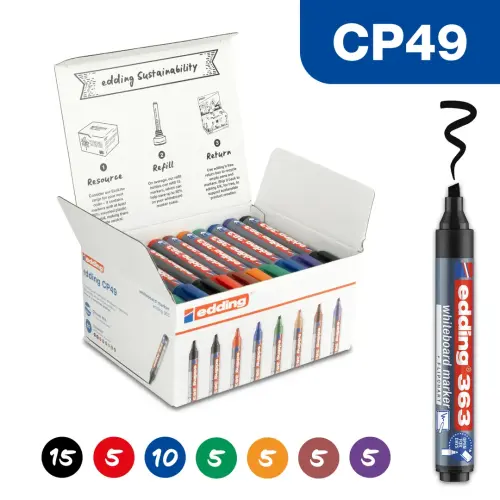 Edding 363 Coloured Chisel Tip Whiteboard Marker - 1-5mm Nib - Assorted - Pack of 50