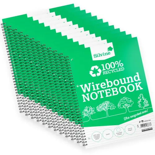 A4/297 x 210mm Silvine Spiral Everyday 8mm Ruled with Margin Recycled Twin Wire Notebooks - 104 Pages - Pack of 12