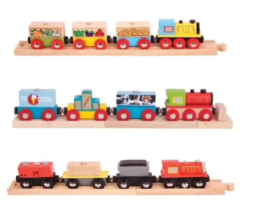 BigJigs Toys Wooden Transportation Freight Trains - 330 x 35 x 50mm - Assorted - Pack of 3