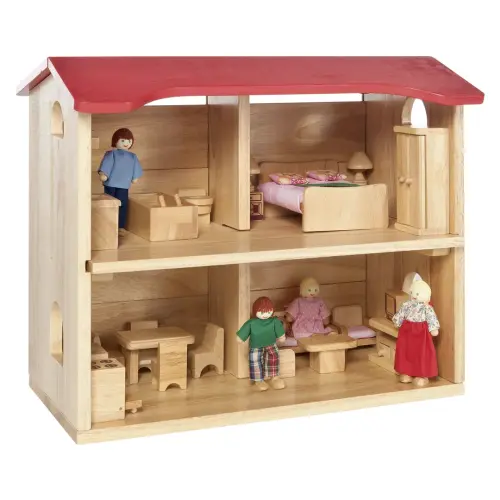 BigJigs Toys Wooden Dolls House Complete with Furniture - 420 x 330 x 510mm - Per Set