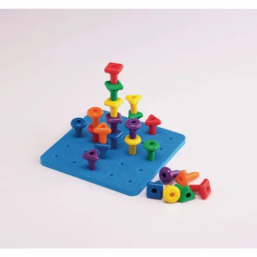 Edx Education Giant Geo Pegs & Board Pack - 36 Stackable Pegs in 6 colours,3 shapes, with 210mm base board & 3 laces - Per Set