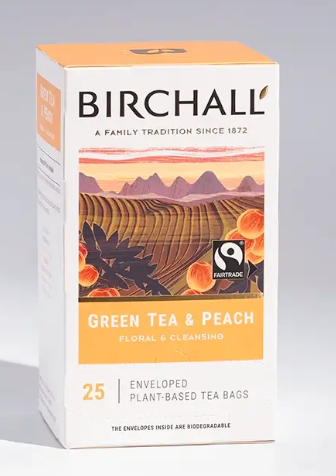 Birchall Green Tea & Peach Plant Based Envelope Tea Bags x 25