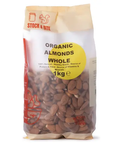Stock & Bite Organic Whole Almonds (GF) (Vegan) 1kg