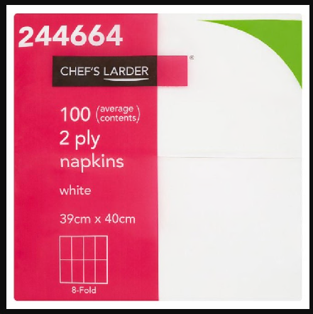Chef's Larder 100 Napkins White 2 Ply 390x400m