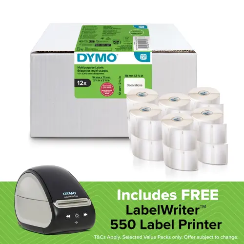 DYMO LabelWriter Multi-Purpose Labels 54mm x 70mm 12 Rolls + FREE LabelWriter 550 Label Printer